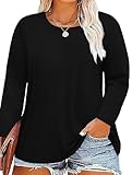 Plus Size Long Sleeve T Shirts Women Round Neck Fall Tops Tshirts Tunic Casual Tee 2X Black