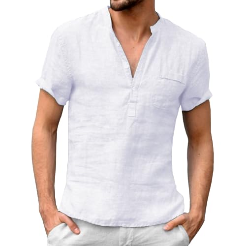 Men Half Button Thin Street Shirt Classic Stand Collar Simple Style T Shirts Summer Solid Front Pocket Daily Tops (White,X-Large)
