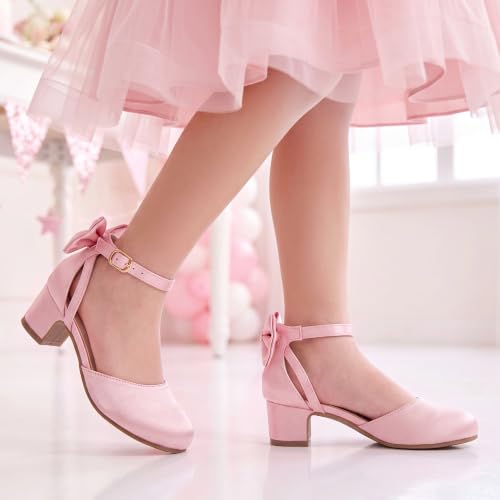 Image of Girls Heels Dress Shoes Flower Girl Pumps with Cute Bow Closed Toe | Princess Shoes,High Heels,Chunky Heel,Adjustable Buckles,Toddler,Little Girl,Big Kid,Wedding,Birthday Party,Formal,Pageant