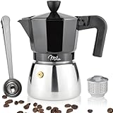 Milu Espressokocher Induktion geeignet | 3, 6, 9 Tassen | Aluminium Mokkakanne, Edelstahl Espressokanne, Espresso Maker Set inkl. Löffel, Bürste (Schwarz, 3 Tassen (150ml)
