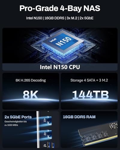 TERRAMASTER F4-425 Plus NAS-Speicher – 4 Einschübe, Intel N150 Quad-Core-CPU, 16 GB RAM DDR5, 2 x 5 GbE LAN, 3 x M.2-Steckplatz, Netzwerkspeicher für Teamarbeit, Multimedia-Server (ohne Festplatte)
