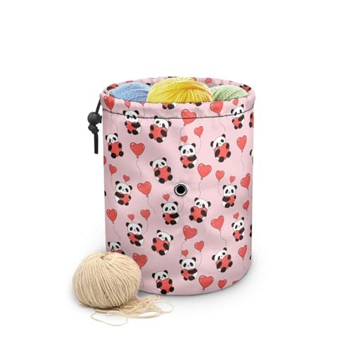 Image of Sellikakes Heart and Panda Yarn Bag Knitting Crochet Tote Bag Valentine's Day Yarn Organizer for Crocheting Project, Store Skein Ball,Short Knitting Needles
