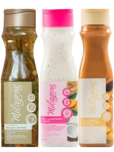 Milagro Herbal Kit of 3 Shampoo de Romero, Biorepolarizaor, Mascarilla de Frutas Milagros Colombian Hair Care Products for Natural Growth, Strengthening, and Repair, 100% Natural