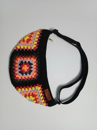 Image of Churi Handmade Checkered Crochet Tote Bag - Boho Shoulder Purse for Women, Summer Beach & Travel (Black)