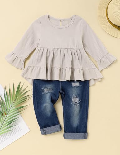 Image of Toddler Girl Clothes Long Sleeve Ruffle Dress Top and Jeans Pants Toddler Girl Fall Outfits