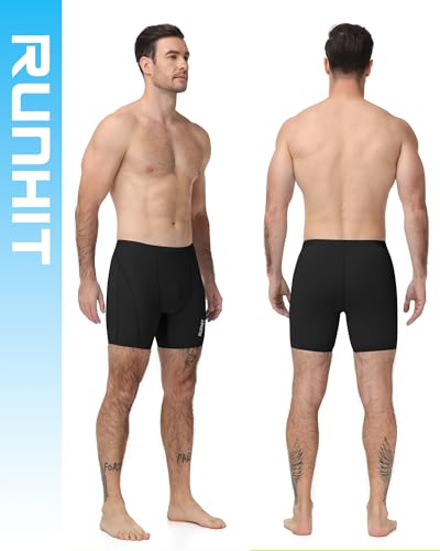 Runhit Badehose Herren Lang Enganliegend, Schnelltrocknende Schwimmhose Eng 6–8 Zoll, Elastische Badehose für Schwimmen Trainings, Schwarz L