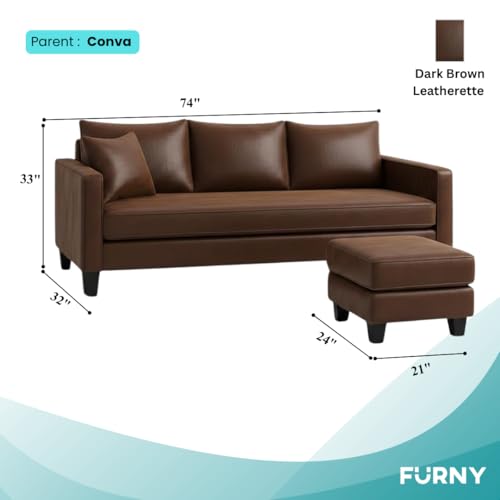 Image of FURNY Conva 4 Seater L Shape Sofa Set with Movable Ottoman | Flexible Left or Right Layout | Premium Leatherette Upholstery (Dark Brown) | Perfect for Living Room, Guest Room & Office