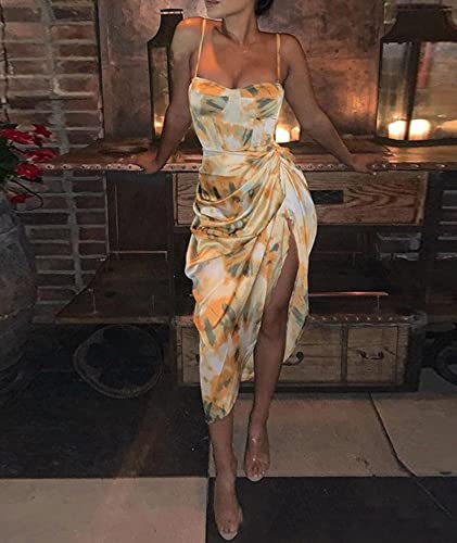 xxxiticat Women's Ruched Abstract Print Satin Dress Sleeveless Spaghetti Straps Pineapple High Split Asymmetric Midi Dress4