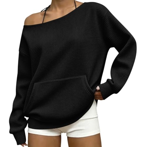 Off the Shoulder Sweatshirt for Women Y2k Waffle Cute Long Sleeve Tops
