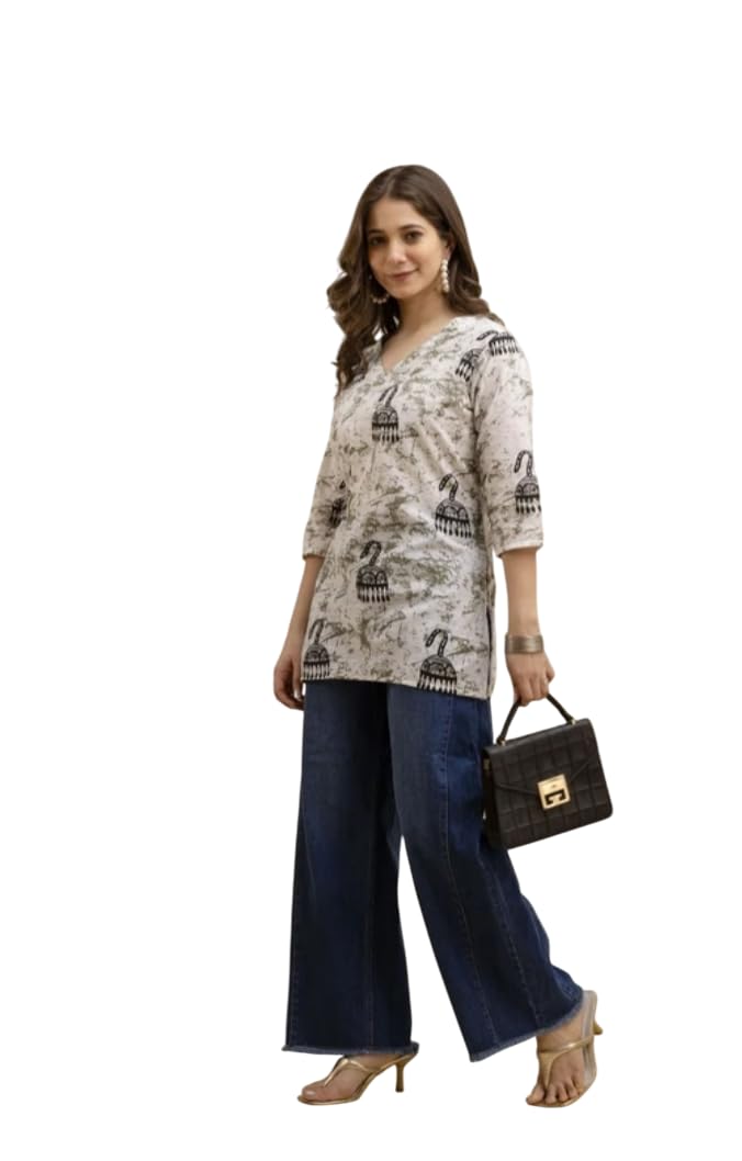 Women's Cotton Floral Print Tunic Top, V-Neck, 3/4 Sleeves, White and Blue Pattern, Hip Length Blue-PRINTED4_2XL-picture-31