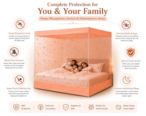 Image of ANS Floral Mosquito Net for Bed with Cotton Border | 7 x 7 Ft King Size Bed Net | Fine Mesh Breathable Fabric | Box Type Hanging Mosquito Net for Family & Kids (Peach Floral)