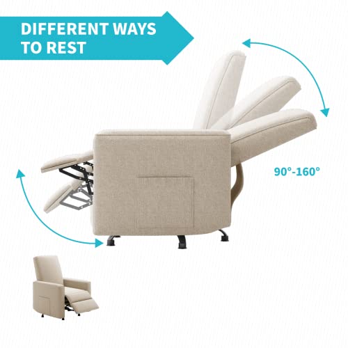 Cecer Recliner Chair, 360° Swivel Chair, Linen Modern Nursery Recliner Chair With Side Storage Pockets, Upholstered Reclining Chairs For Living Room, Beige #TOP3