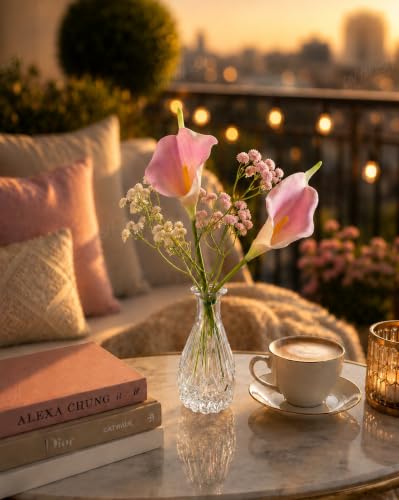 Image of Divyakosh Artificial Pink Calla Lily Flower Arrangement with Glass VASE | (2 Calla Lily + VASE) Faux Floral Bouquet with Baby Breath | Decorative Table Centerpiece for Living Room, Bedroom, Office