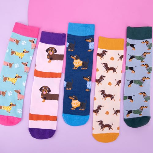 Riqiaqia 5 Paar Damen Socken Lustige Bunte Baumwolle Crew Socken mit Katze Hund Muster, Weihnachtsgeschenke für Damen Frauen, Einheitsgröße