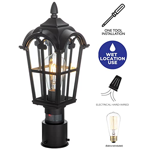 Dusk To Dawn Motion Sensor Outdoor Post Lights Exterior Lamp Post Light Fixture, Waterproof Pole Lanern Black With Clear Tempered Glass For Garage Patio Garden Front Door #TOP6