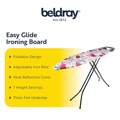 Beldray LA031282POM2EU7 Easy Glide Ironing Board - Foldable, Adjustable Iron Rest, 7 Heights, Thick Underlay for Smooth Pressing, Heat Reflective Cover, Hanging Slots, 122 x 38 cm, Pomegranate Print - Image 2