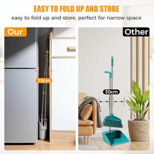 Image of Upgrade Broom and Dustpan Set 180 Rotatable Head with 61 inch Extra Long Adjustable Handle Self-Cleaning Dustpan Teeth&Zero Gap Indoor Outdoor Sweeping for Home Kitchen Office Pet Hair-Gray&Yellow
