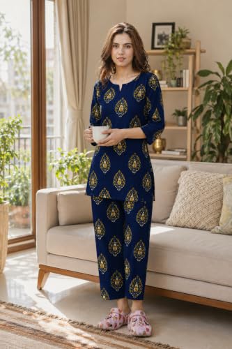 Image of Women's Cotton Night Suit Set, Printed Top and Pyjama, Casual Loungewear Sleepwear for Womens Girls