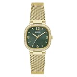 GUESS Reloj de pulsera cuadrado redondeado, Tono dorado/tono dorado/verde, Elegante y moderno