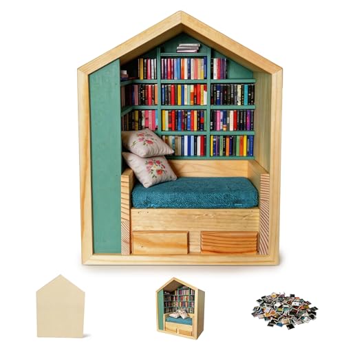 NaiSooten Anxiety Bookshelf with 300 Mini Books Mini Wooden Bookshelf with Reading Nook Desk Decor Anxiety Relief Bookshelf for Book Lovers(Green)