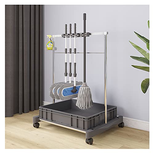 Chariot porte-outils de nettoyage sur pied mobile avec support balais en acier