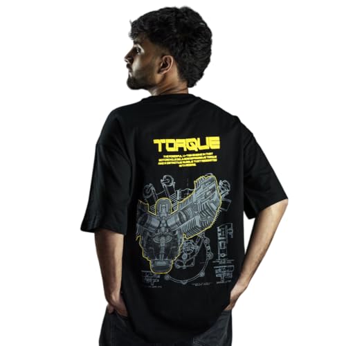 Image of TIIVRA Torque Black Biker Oversized Tshirt Half Sleeve for Men, Cotton, Drop Shoulder, Graphic Printed, Round Neck, High GSM, Back Printed, Black & Yellow Design