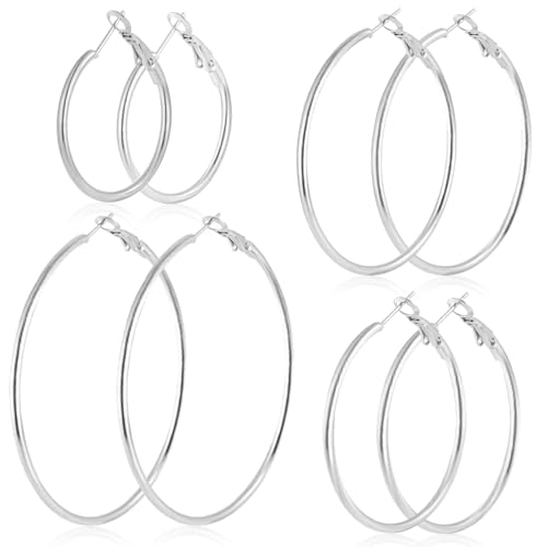 4 Pairs Stainless Steel Hoop Silver 30/40/50/60 mm Earrings for Women Hoops Hypoallergenic Thin Lightweight Dangle Set