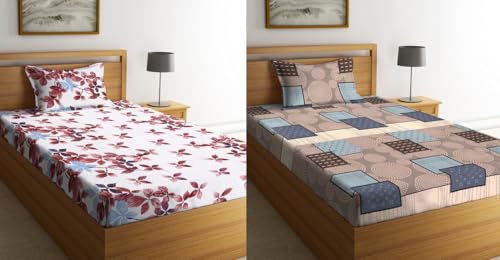 Image of la' amour Pure Cotton 220 tc Flat Single Bedsheets Combo Pack of 2 Bed Sheet for Breathable | Wrinklefree Super Soft (Size-60 X 90 Inch) with 2 Pillow Covers (Size-17 X 27 Inches, Beige & White)