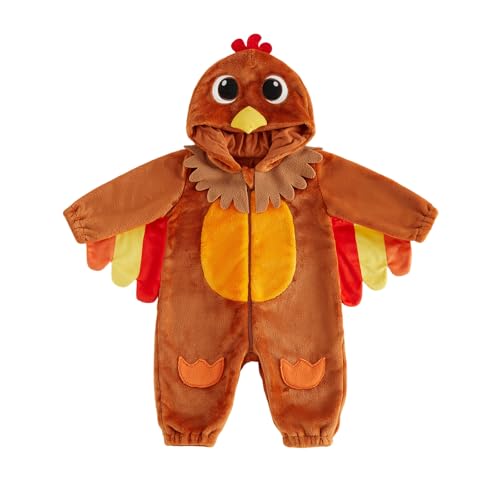 GINEVSAL Toddler Baby Turkey Costume Newborn Girl Boy Thanksgiving Clothes Long Sleeve Animal Hooded Fleece Jumpsuit (Brown 3-6 Months)