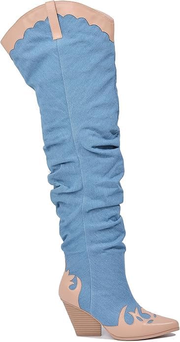 Cape Robbin JEAN Over The Knee Cowboy Western Boots with Chunky Block Heels for Women JEANS - DENIM 10