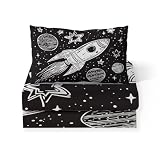 Sábana Bajera Ajustable Colchones 150 x 200 cm, Cómoda Transpirable Tela Blanco y Negro, Sábana Bajera Imprimir Cohete Espacial Universo Forma de Corazón, Elástico en el Borde Bolsillo Profundo 30cm