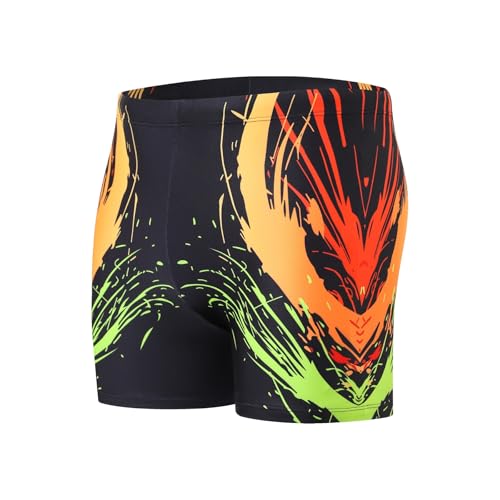 Steppe Men's Square Leg Jammers, Athletic Swimwear Quick Dry Swimming Trunks, Printed Comfortable Bathing Suit, Flame Burst-S