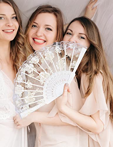 Eosau Lace Rose Floral Folding Fan Chinese Retro Handheld Fans Elegant Hand Fan For Weddings Dancing Cosplay Parties (White) #TOP4
