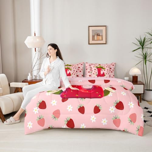 Image of Feelyou Girls Pink Red Strawberry Comforter Set Queen Size 7 Pieces Initial Letter L Bedding Set Kids Boys Girls Princess Strawberry Bed in a Bag with Comforter, Sheets, Pillowcases, Cushion Covers