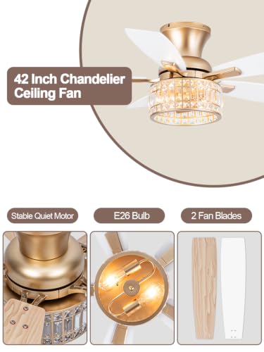 Image of 42 inch Flush Mount Low Profile Gold Crystal Chandelier Fan with Light