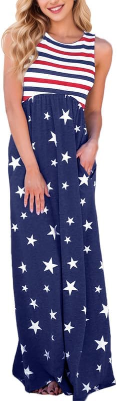 For G and PL Womens July 4th High Waisted Patriotic Loose Sleeveless Tank Maxi Dress with Pockets Stripe & Star L