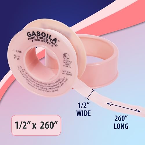 Image of Gasoila Pink PTFE Thread Seal Tape - Professional-Grade High-Density Thread Tape for Water Lines - Leak-Proof Seal, Non-Toxic (1 /2 Inch x 260 Inch Roll)