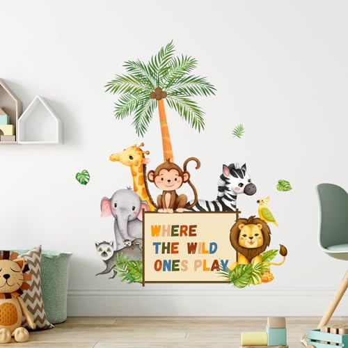 Image of Supzone Jungle Animals Wall Decals Playroom Wall Stickers Where The Wild Ones Play Elephant Giraffe Lion Monkey Wall Decor for Kids Class Room Bedroom Baby Nursery Door Decor