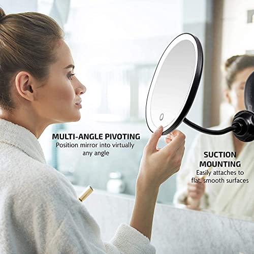 Ovente 8.5'' Lighted Makeup Mirror, Rechargeable Swivel Gooseneck With Attachable Suction Cup Mount, 10X Magnetic Mini Magnifier, Dimmable Led, For Bathroom, Home & Travel, Usb Powered, Black Mow22B #TOP4
