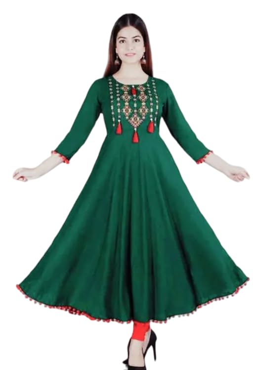 Raj Fashion Women's 3/4th Sleeves Round Neck Rayon Solid Tassel & Pompom Detailing Hem Maxi Length Gown Bottle Green-image-27