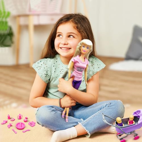 Image of Steffi Love Sunshine Twins| Pretend Play Set with Baby Stroll and Adorable Twin Babies| Unique16+Baby Accessories| Adorable Role Play Set for Girls Age 3+ (Stylish Steffi in Pink & Purple)