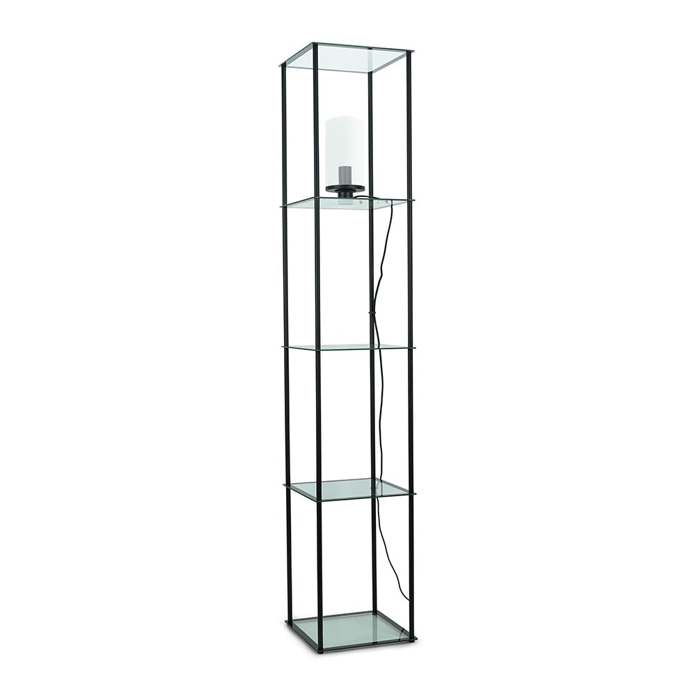 ValueLights | Black Metal Frame Shelf Floor Lamp with Glass Panel Storage Shelves for Living Room Lounge | Floor Lamps, Home Décor & Improvement Essential | Included LED Bulb