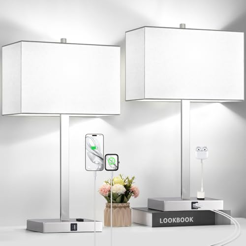 Image of 21 inch Set of 2 Touch Control Table Lamps with 2 USB & AC Outlets, 3-Way Dimmable Modern Nightstand Lamps for Bedroom Living Room Office Reading, White Shade Bedside Lamps, 5000K LED Bulbs Included.