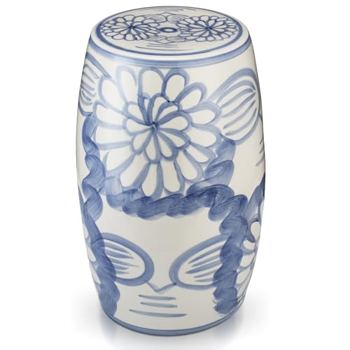 Novabright 17 Ceramic Garden Stool Blue and White Gardening Stool Decorative Chinoiserie Ceramic Drum Seat Castle Gardens Collection Chinese Small Table Bohemian for Indoor Outdoor Patio Living Room