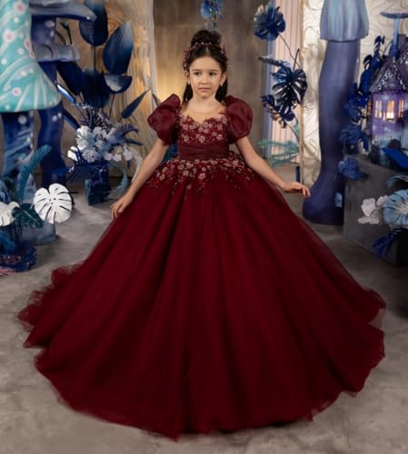 Burgundy Girls Pageant Dress Cap Sleeves Flower Girl Dress for Wedding Puffy Prom Ball Gowns for Kids4