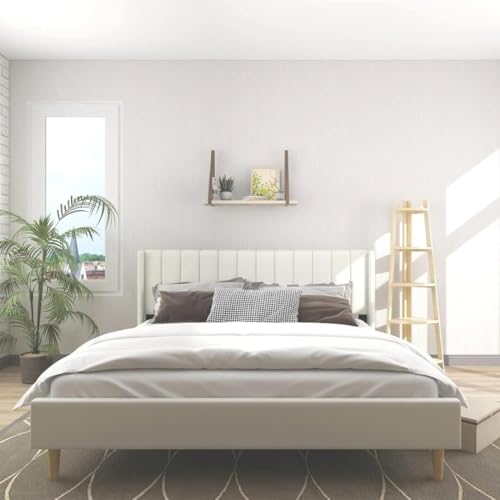 Image of Low Profile Upholstered Platform Bed with Winback Headboard | Bed Queen Size | Bed for Bedroom, Living Room | Bed Without Storage | Mattress not Included | Fabric Color:- Cream