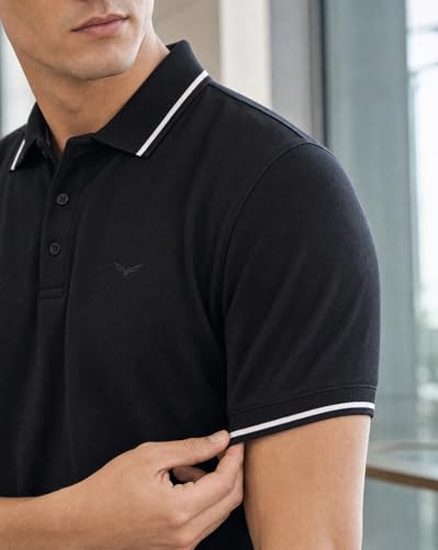 Image of NOBERO Men's Travel Polo T-Shirt | Premium Cotton Stretch Fabric | Anti-Odor & Water-Repellent | UPF 50+ Sun Protection | Regular Fit Polo Collar Casual Wear