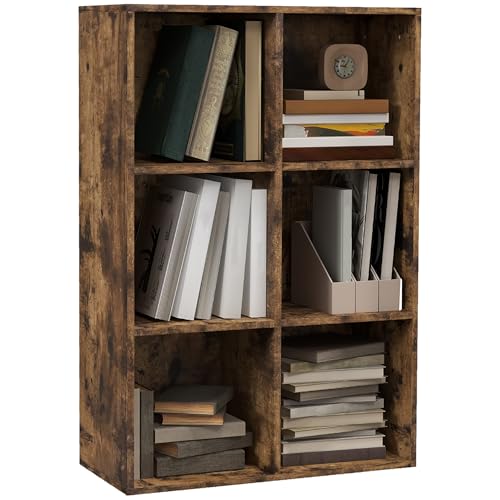 HOMCOM 3 Tier Bookshelf, Modern Cube Bookcase with 6 Open Storage Compartments, Freestanding Display Storage Unit for Living Room, Bedroom, Study, Rustic Brown