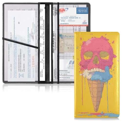 Car Registration and Insurance Holders Skull Ice Cream Print, PU Leather for License Documents Cards