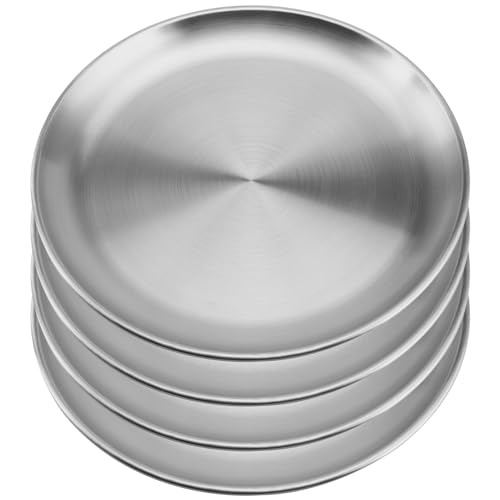 MUKCHAP 4 platos llanos de acero inoxidable de 30 cm, platos de metal para servir, plato de camping plateado para camping, barbacoa, ensalada, aperitivo